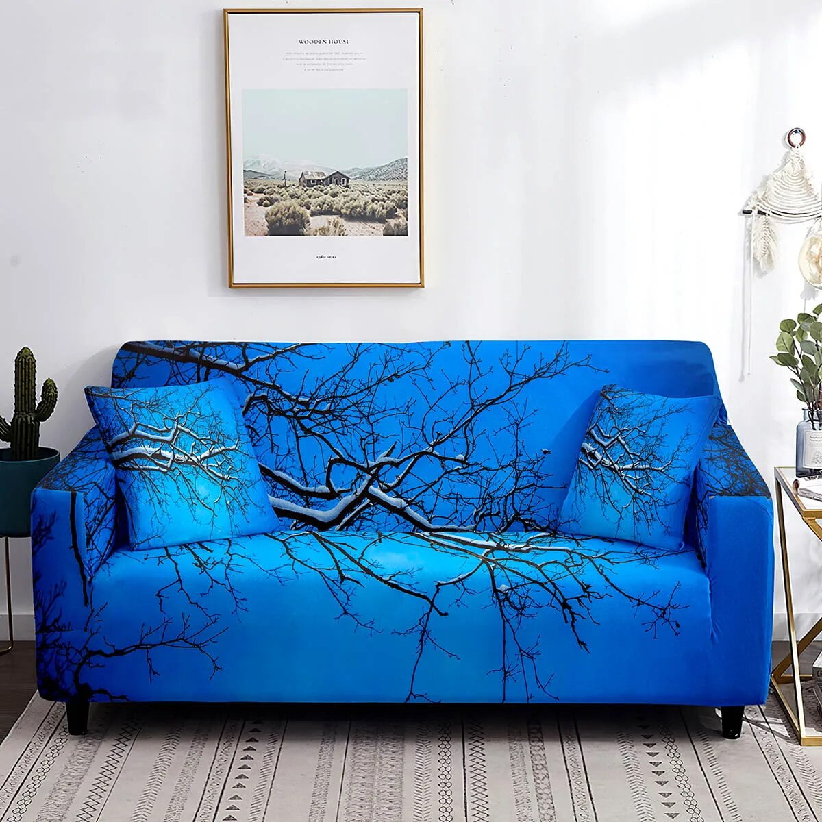 Branch Sofa Cover for Living Room Blue Elastic Couch Covers Nature