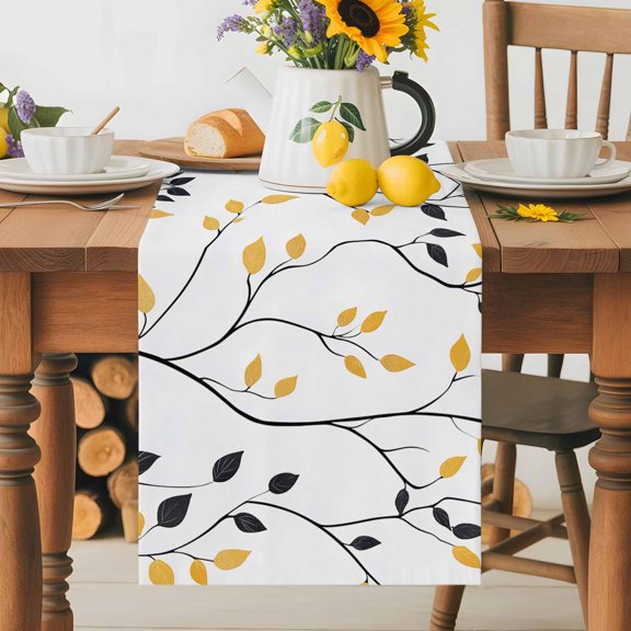 Branch Tree Silhouette Dining Table Runner, Rustic Vintage Black Yellow Leaf Line Watercolor Washable Table Runners Kitchen Coffee Table Center Decor for Home Party Holiday Wedding 13 x 36 Inches
