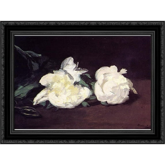 Branch of White Peonies and Secateurs 24x20 Black Ornate Wood Framed Canvas Art by Manet, Edouard