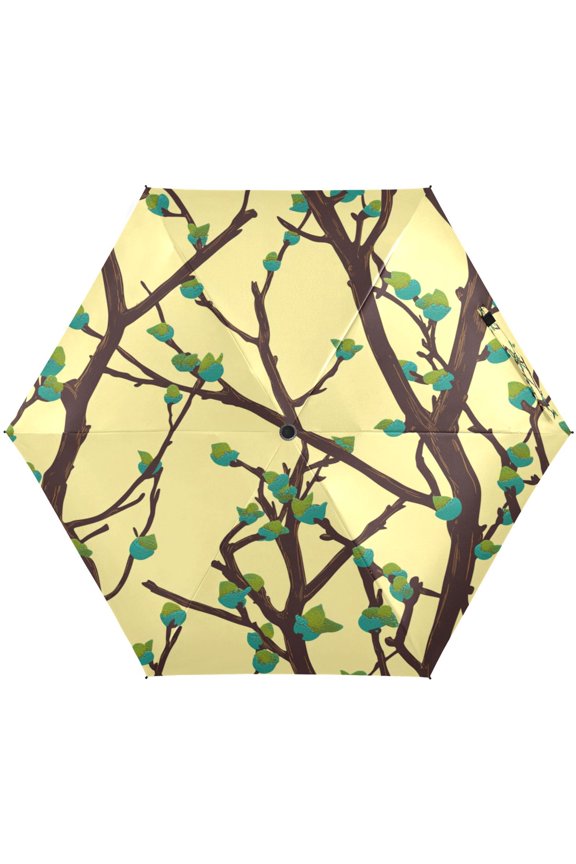 Branch with Leaves Umbrellas for Sun Auto Open Close UV50+ Waterproof 5-Fold Compact Fiberglass Frame