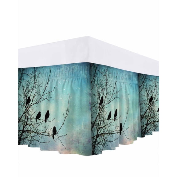 Branches Birds Bed Skirt Queen Size 16" Drop Blue Retro Watercolor Style Ruffled Wrap Around Bed Skirts Adjustable Elastic Bedskirt Dust Ruffle for Queen Size Bed