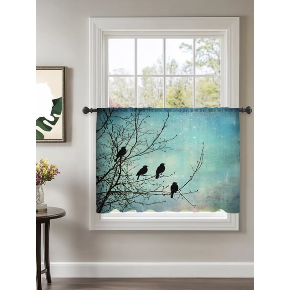 Branches Birds Sheer Curtains 45 Inch Long 1 Panel Blue Retro Watercolor Style Rod Pocket Voile Cafe Curtains Light Filtering Small Window Treatments for Kitchen Basement 52" x 45"