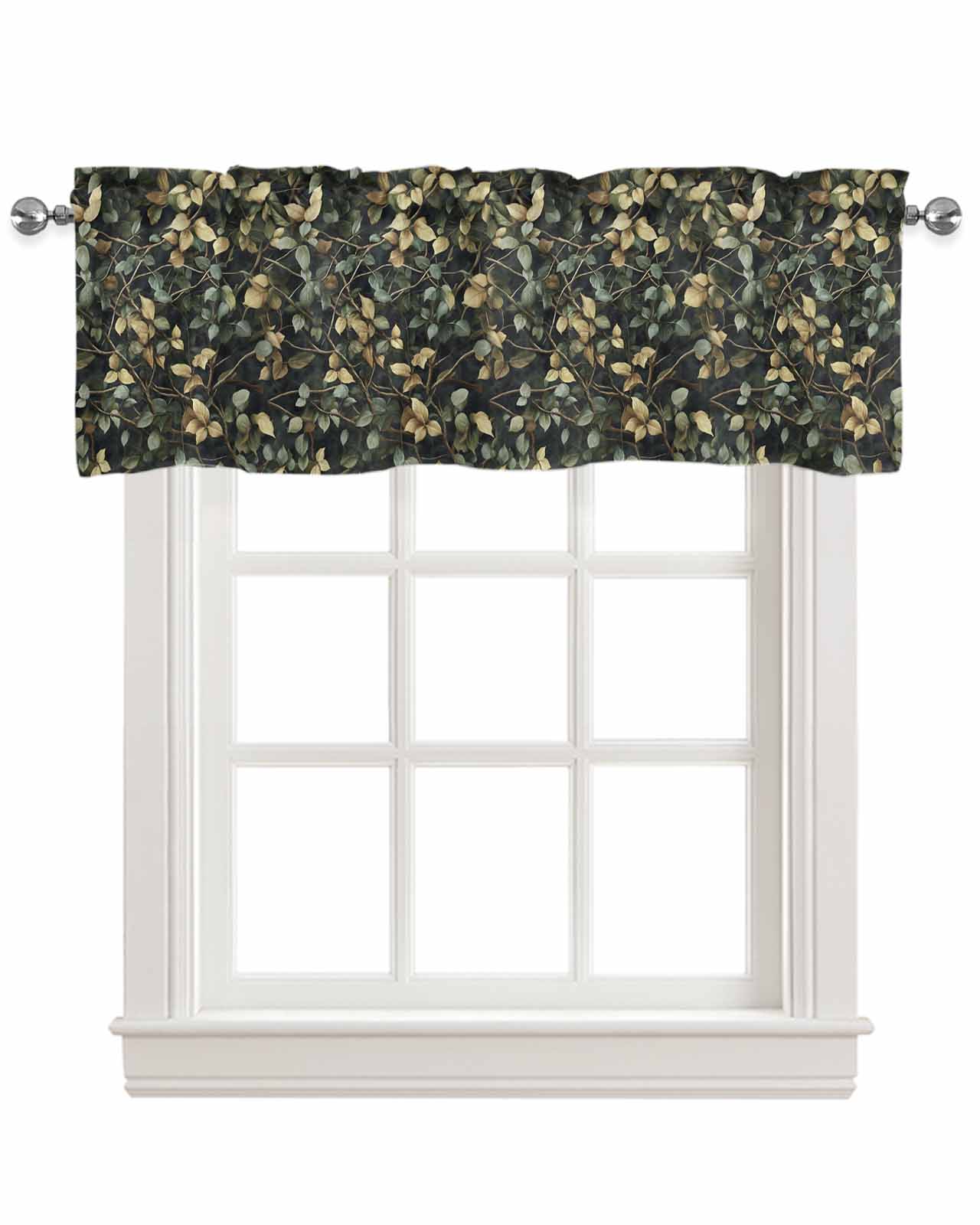 Branches Green Leaves Kitchen Valances for Windows Farmhouse Linen Window Valance Curtain for Living Room Window Treatment Vintage Botanical Forest Valance Rod Pocket Topper Drape, 60 x 18 Inch