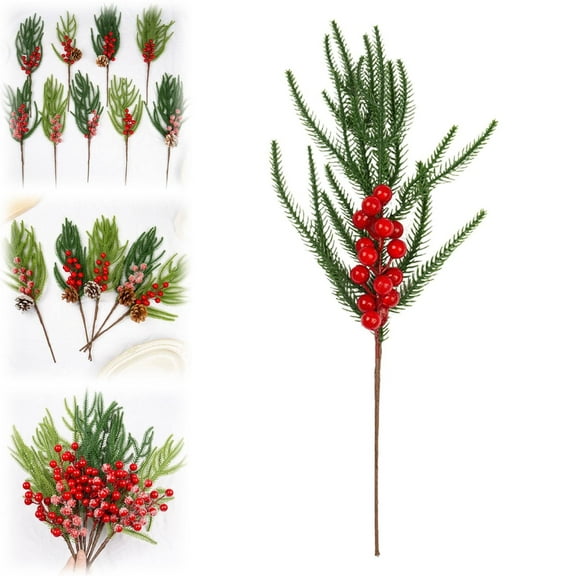 Branches Picks Stems, Red Berry Faux Spray E Simulated Pine Needles Single Norfolk Pine, Branches Picks Stems with Red Berries, for Vases, House Decor, Realistic, Festive Design, By Kingtowag