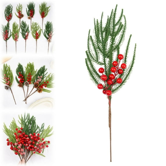 Branches Picks Stems, Red Berry Faux Spray I Simulated Pine Needles Single Norfolk Pine, Branches Picks Stems with Red Berries, for Vases, House Decor, Realistic, Festive Design, By Kingtowag