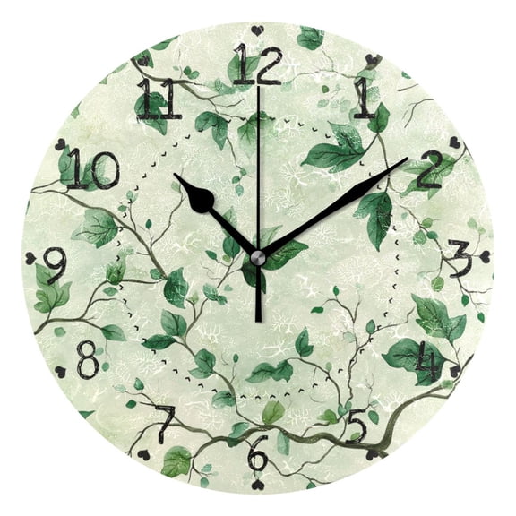 Branches and Green Leaves Round Wall Clock Silent Battery Operated Home Decor for Living Room Bedroom