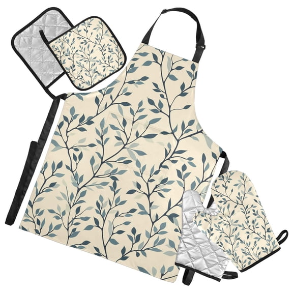 Branches and Leaves 5 Pcs Kitchen Set Heat Resistant Oven Mitts and Non-Slip Pot Holders with Adjustable Cooking Apron