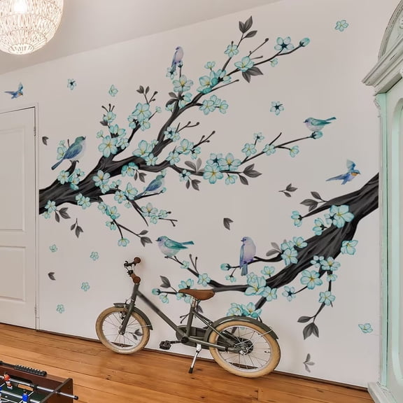 Branches and bird decals,Green Plants Leaves Wall Decals Peel and Stick, Large Floral Flowers Wall Stickers, Removable Vine Home Decor Art for Bedroom Living Room Classroom Office