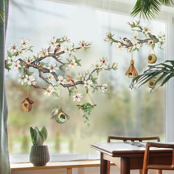 Branches, birds, hummingbirds, plants, flowers, glass stickers, double-sided visible glass window decoration wall stickers