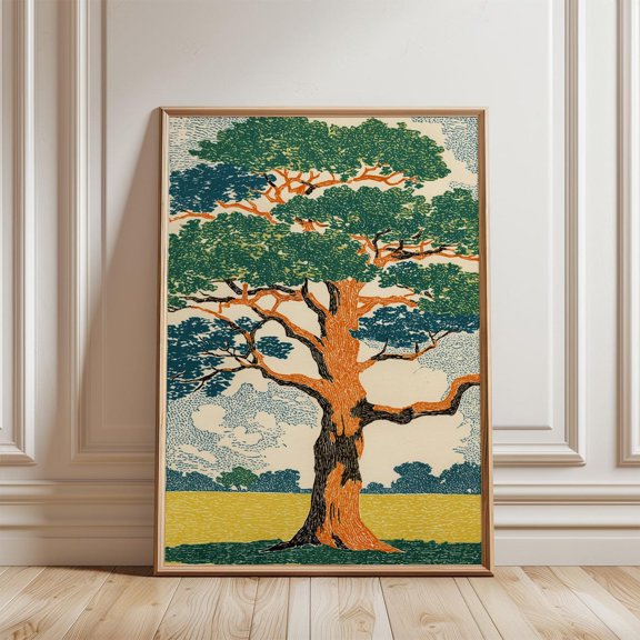 Branching Green Blue Foliage Tree Woodcut Orange Trunk Nature Wall Art, Unframed Paper Poster 8x10in