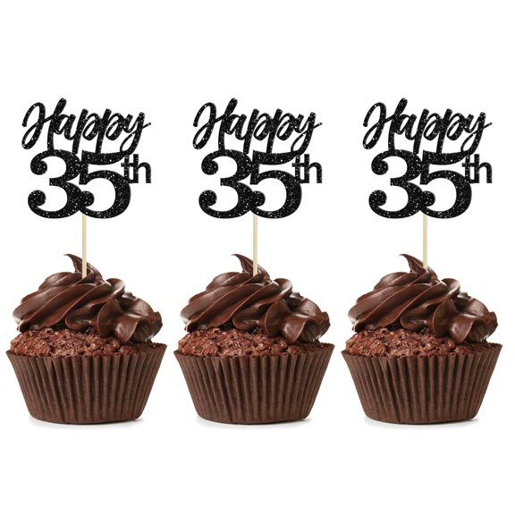 Brand 12Pcs Glitter Black "Happy 35th" Cupcake Toppers, 35th Birthday Cupcake Picks for 35th Birthday Party Decorations