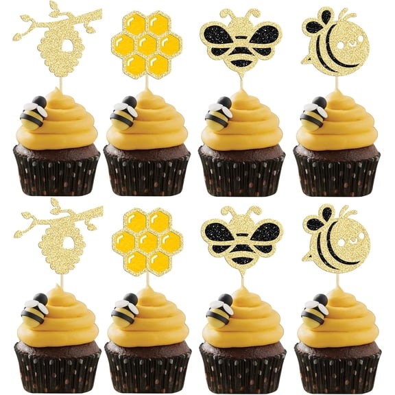 Brand 12Pcs Glitter Gold Bee & Honeycomb Cupcake Toppers, bee Themed Cupcake Picks for Baby Shower/Birthday Party Decorations