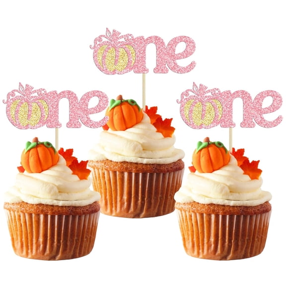 Brand 12Pcs Glitter Pink Pumpkin "One" Cupcake Toppers, Cupcake Picks for Girl 1st Birthday/Fall Harvest/Little Pumpkin Themed Party Decorations