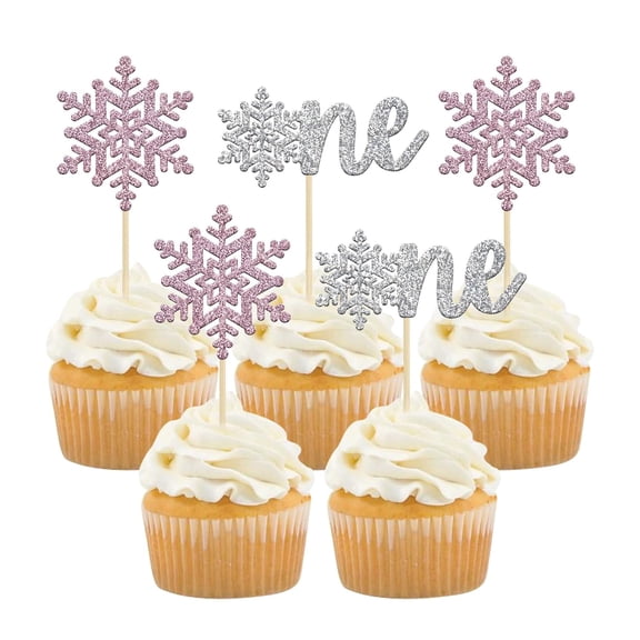 Brand 12Pcs Glitter Pink & Silver Snowflake "One" Cupcake Toppers, Cupcake Picks for Girl Winter Onederland 1st Birthday Party Decorations