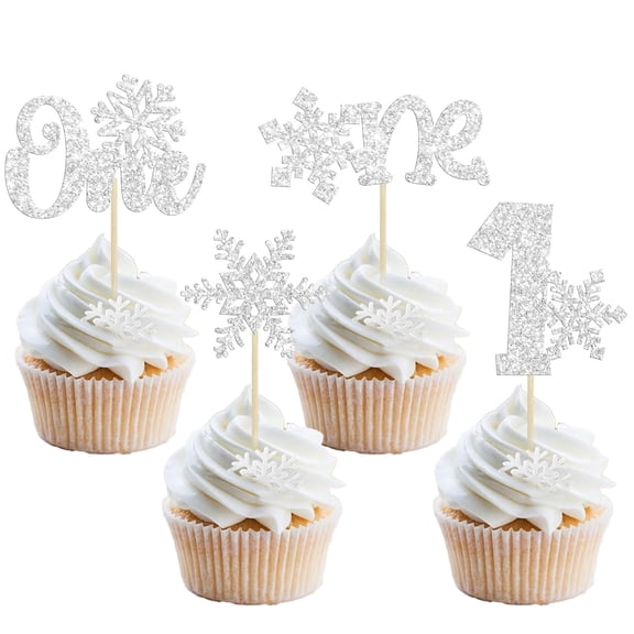 Brand 12Pcs Glitter Silver Snowflake "One" Cupcake Toppers, Cupcake Picks for Winter Onederland 1st Birthday Party Decorations