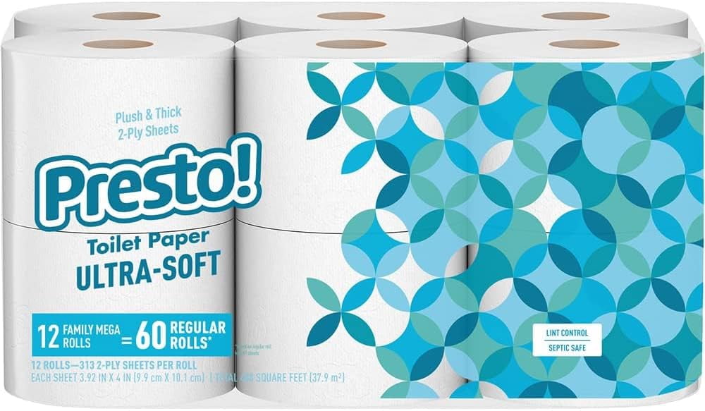 Brand - 2-Ply Ultra-Soft Toilet Paper, 12 Family Mega Rolls = 60 Regular Rolls, Unscented, 313 Sheets Per Roll
