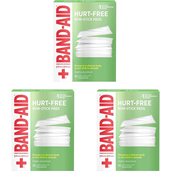 Brand Adhesive Bandages, Large Hurt-Free Non-Stick Pads, 3-Inch x 4-Inch Pads, 10 Count, 3 Pack