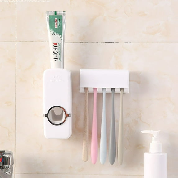 Brand Clearance! Automatic Toothpaste Dispenser Squeezer Kit Wall Mounted with Toothbrush Holder, 5 Toothbrush Slot with Dustproof Cover, Multi-Functional Toothbrush Organizer