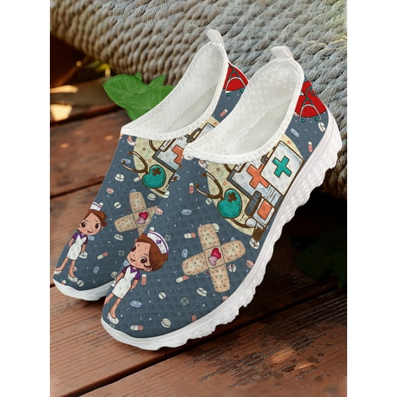 Brand Design Women White Nursing Shoes Cute Cartoon Nurse Doctor Medical Print Slip-on Loafers Mesh Casual Shoes
