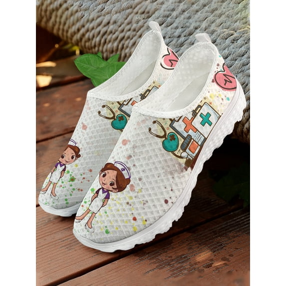 Brand Design Women White Nursing Shoes Cute Cartoon Nurse Doctor Medical Print Slip-on Loafers Mesh Casual Shoes