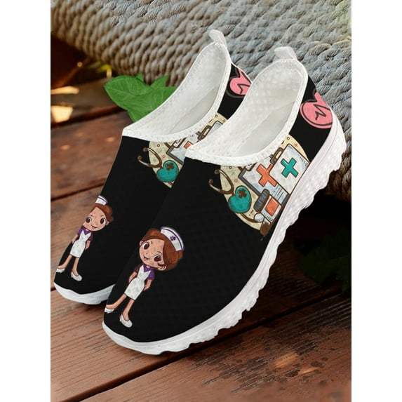 Brand Design Women White Nursing Shoes Cute Cartoon Nurse Doctor Medical Print Slip-on Loafers Mesh Casual Shoes