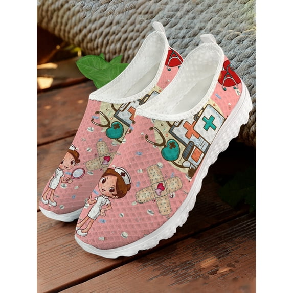 Brand Design Women White Nursing Shoes Cute Cartoon Nurse Doctor Medical Print Slip-on Loafers Mesh Casual Shoes