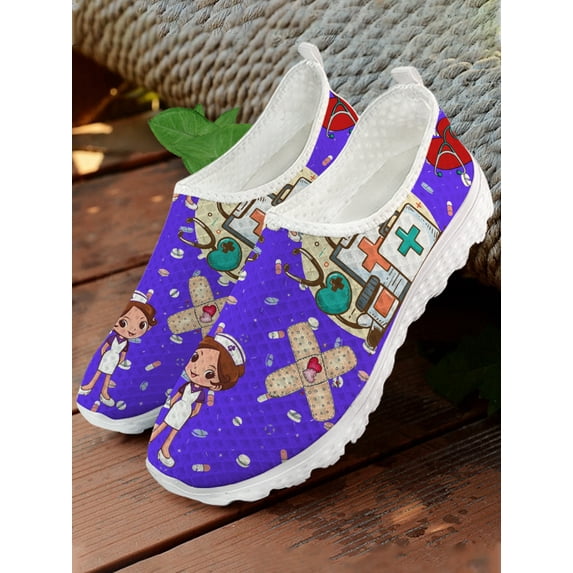 Brand Design Women White Nursing Shoes Cute Cartoon Nurse Doctor Medical Print Slip-on Loafers Mesh Casual Shoes