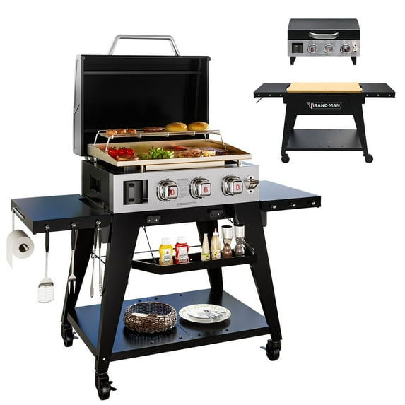 Brand-Man 3-Burner Propane Gas Griddle Grill with High Lid - 28,000 BTU Flattop Grill, 504 Sq.In with Rolling Cart for Outdoor BBQ Cooking