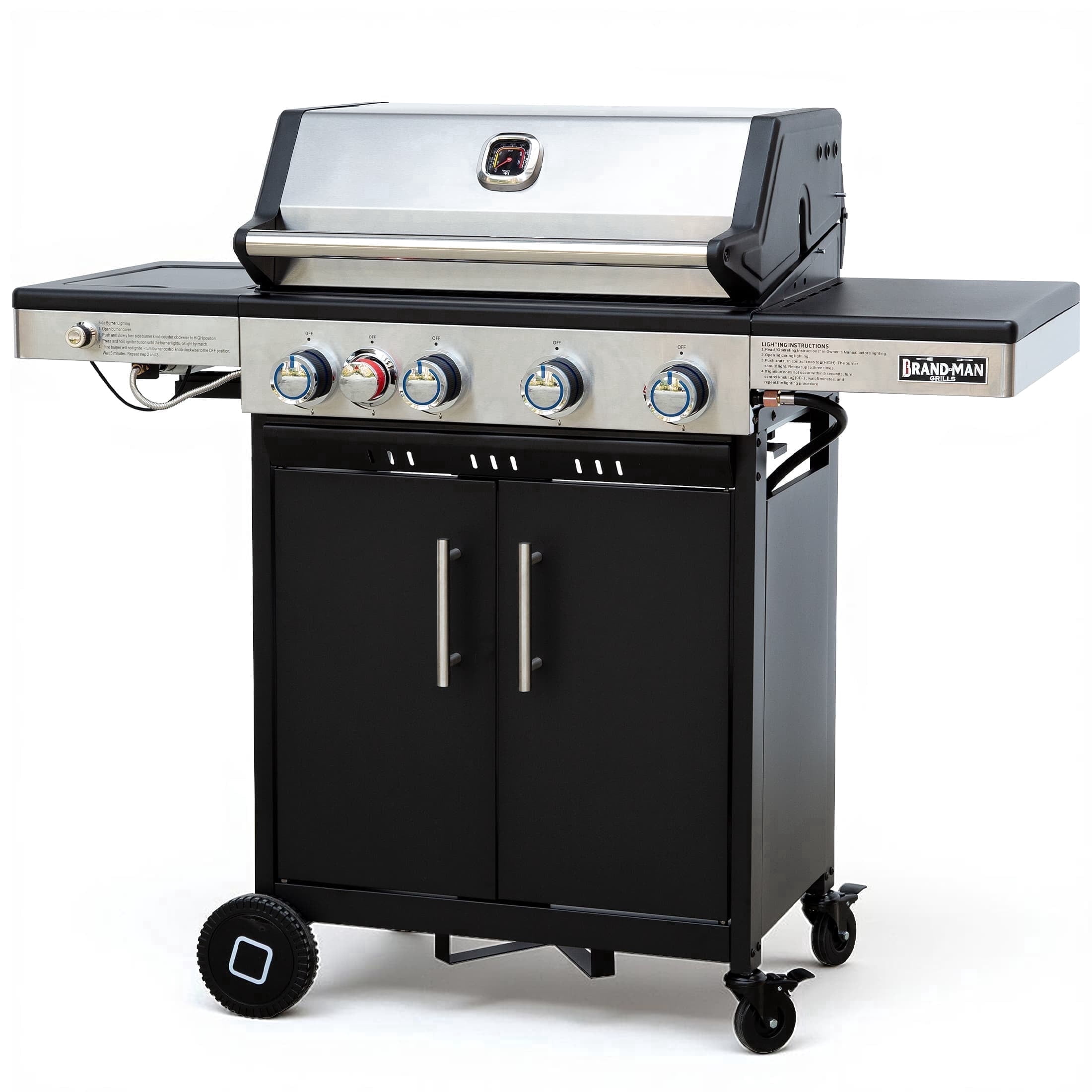 Brand-Man Grills 4-Burner Propane Gas Grill with Infrared Side Burner, Porcelain-Enameled Cast Iron Grate & Griddle, Outdoor Backyard BBQ Grill