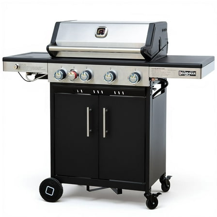 Brand-Man 4 Burner Propane Grill with Infrared Sear Side Burner & Porcelain-Enameled Cast Iron Grate and Plate, Cabinet Style Gas BBQ Grill with Side Table for Barbecue Grilling & Backyard Cooking