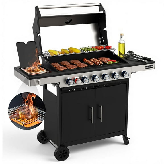 Brand-Man 6 Burner Infrared Propane Gas Grill with Side Burner & Porcelain-Enameled Cast Iron Grate and Griddle, Barbecue Grill for Outdoor Grilling