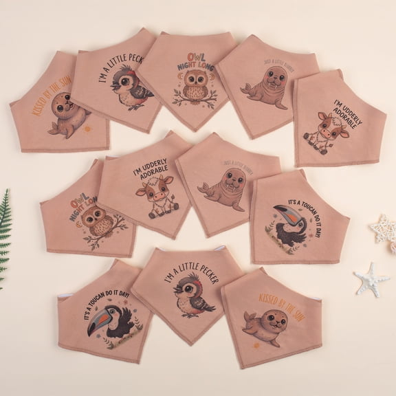 [Brand Name] 12-Pack Baby Bandana Drool Bibs - Soft Absorbent Cotton with Adjustable Snaps - Cute Cartoon Prints for Boys & Girls