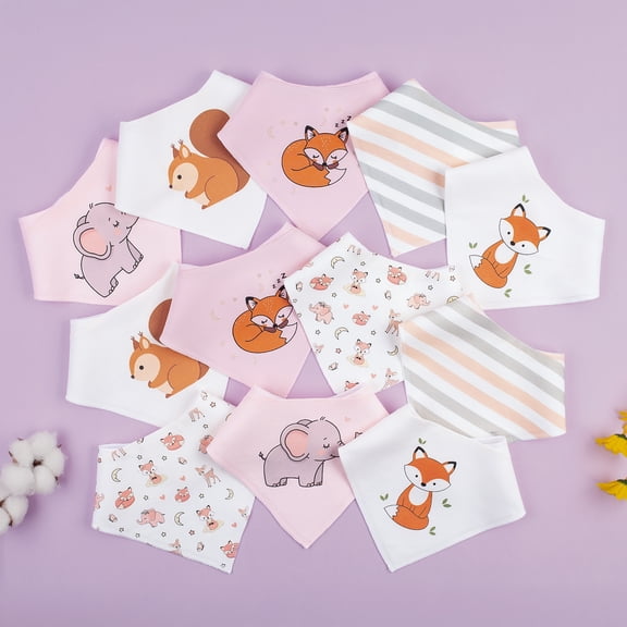 [Brand Name] 12-Pack Baby Bandana Drool Bibs - Soft Absorbent Cotton with Adjustable Snaps - Cute Cartoon Prints for Boys & Girls