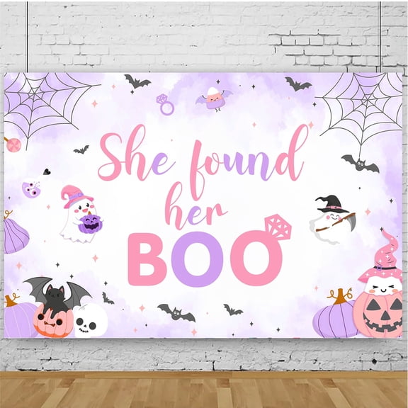 Brand Name Halloween She Found Her Boo Backdrop 5 x 3.3 ft Pink Purple Ghost Pumpkin Party Background Vinyl Photo Booth Banner Wall Decoration for Bridal Shower Bachelorette Celebration Event Decor
