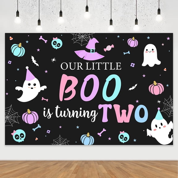 Brand Name Our Little Boo Is Turning Two Halloween Birthday Backdrop 5 x 3 ft Macaron Color Party Background Vinyl Banner for Toddler Second Birthday Photo Booth Cake Table Wall Decoration
