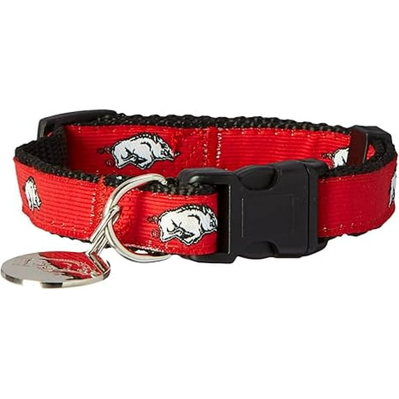 Brand New Collegiate Arkansas K9 Dog Collar W/ Round Metal Tag, Nylon, Official School Colors, 1 Inch Wide, Large - 12-20 In. Long