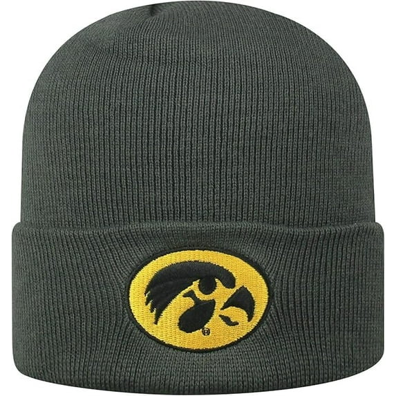 Brand New Collegiate Iowa Charcoal Cuffed Knit Beanie Hat, 100% Cotton, Embroidered Logos, Official School Colors