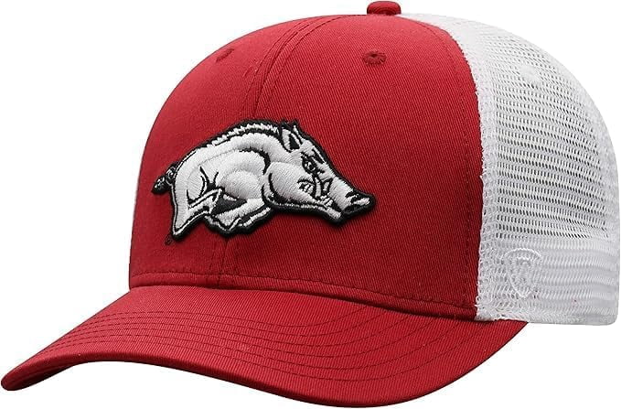 Brand New Collegiate Men's Arkansas Mesh Adjustable Trucker Hat, 100% Cotton, Embroidered Logos, Official School Colors, Red