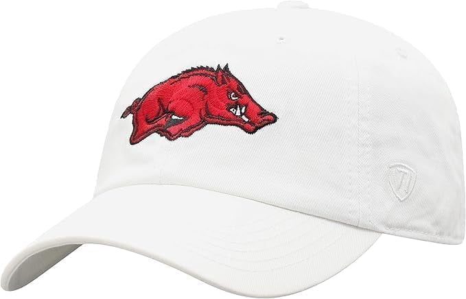 Brand New Collegiate Men's Arkansas White Adjustable Hat, 100% Cotton, Embroidered Logos, Official School Colors, Red
