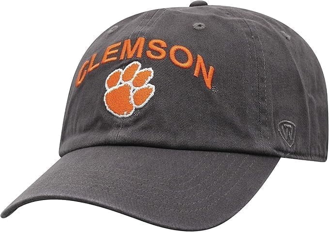 Brand New Collegiate Men's Clemson Charcoal Team Name Arch Adjustable Hat, 100% Cotton, Embroidered Logos, Official School Colors, Orange
