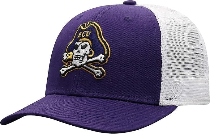 Brand New Collegiate Men's ECU Mesh Adjustable Trucker Hat, 100% Cotton, Embroidered Logos, Official School Colors, Purple