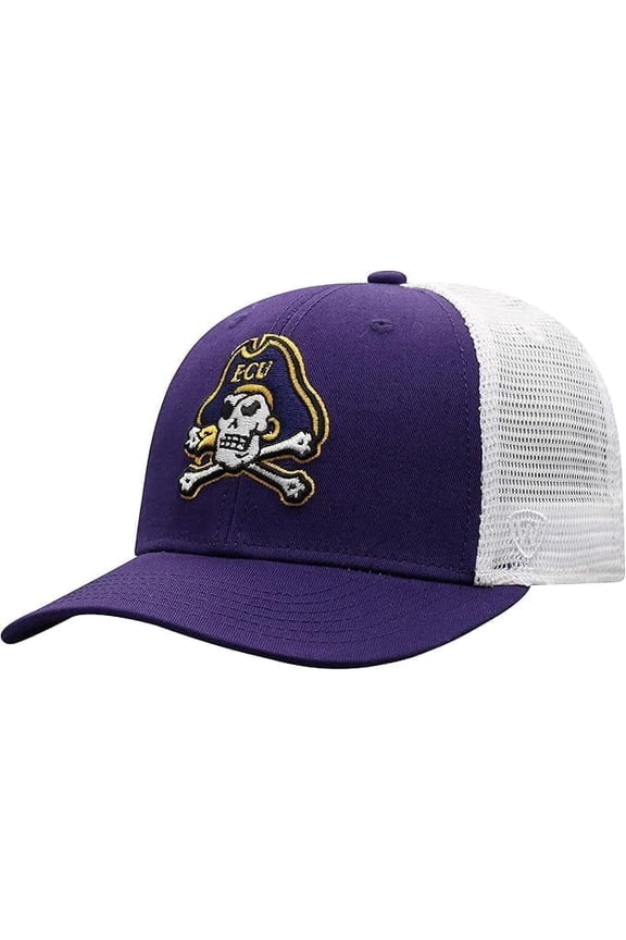 Brand New Collegiate Men's ECU Mesh Adjustable Trucker Hat, 100% Cotton, Embroidered Logos, Official School Colors, Purple