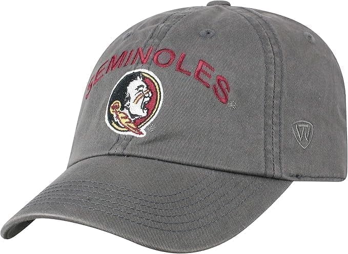 Brand New Collegiate Men's Florida State Charcoal Team Name Arch Adjustable Hat, 100% Cotton, Embroidered Logos, Official School Colors, Maroon