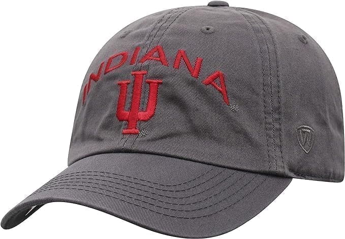 Brand New Collegiate Men's Indiana Charcoal Team Name Arch Adjustable Hat, 100% Cotton, Embroidered Logos, Official School Colors, Red