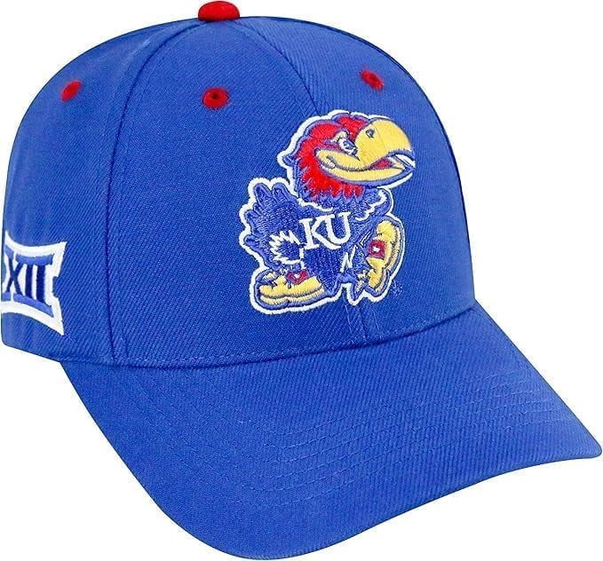 Brand New Collegiate Men's Kansas Adjustable Hat With Rear Word, 100% Cotton, Embroidered Logos, Official School Colors, Blue