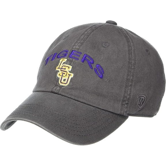 Brand New Collegiate Men's LSU Charcoal Team Name Arch Adjustable Hat, 100% Cotton, Embroidered Logos, Official School Colors, Purple