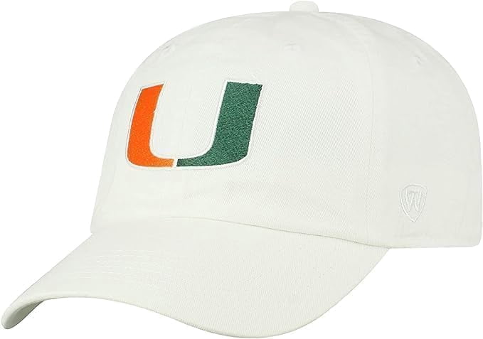 Brand New Collegiate Men's Miami White Adjustable Hat, 100% Cotton, Embroidered Logos, Official School Colors, Green/Orange