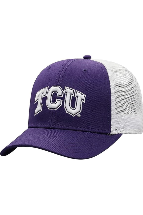Brand New Collegiate Men's T C U Mesh Adjustable Trucker Hat, 100% Cotton, Embroidered Logos, Official School Colors, Purple