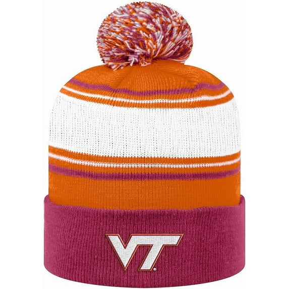 Brand New Collegiate Men's Virginia Striped Cuffed Knit Winter Pom Beanie Hat, 100% Cotton, Embroidered Logos, Official School Colors