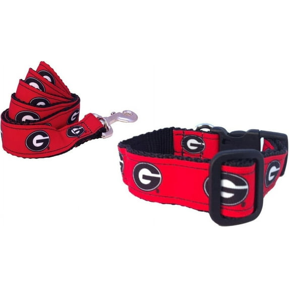 Brand New Georgia Large Pet Dog Collar(1 Inch Wide, 18-30 Inch Long), and Large Leash(1 Inch Wide, 6 Feet Long) Bundle, Official Bulldogs Logo/Colors